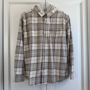 Old Navy Brown and Crean Casual Button Down Shirt with Hood Boys XL